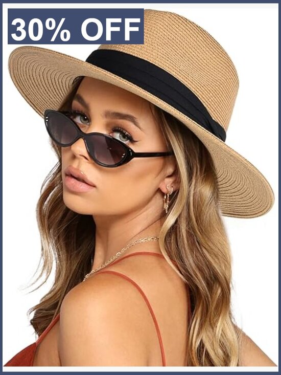 Wide Brim Straw Fedora Hat UPF 50+ Summer Beach Sun Hat Unisex main image 4